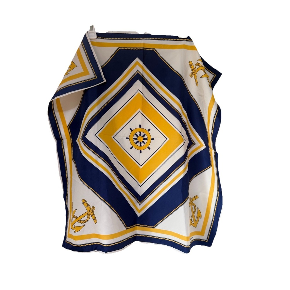 Vintage Signed Eileen Wood Nautical Silk Scarf Anchor Ships Wheel Square Retro